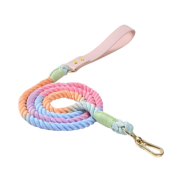 Rainbow Cotton Rope and Leather Dog Leash